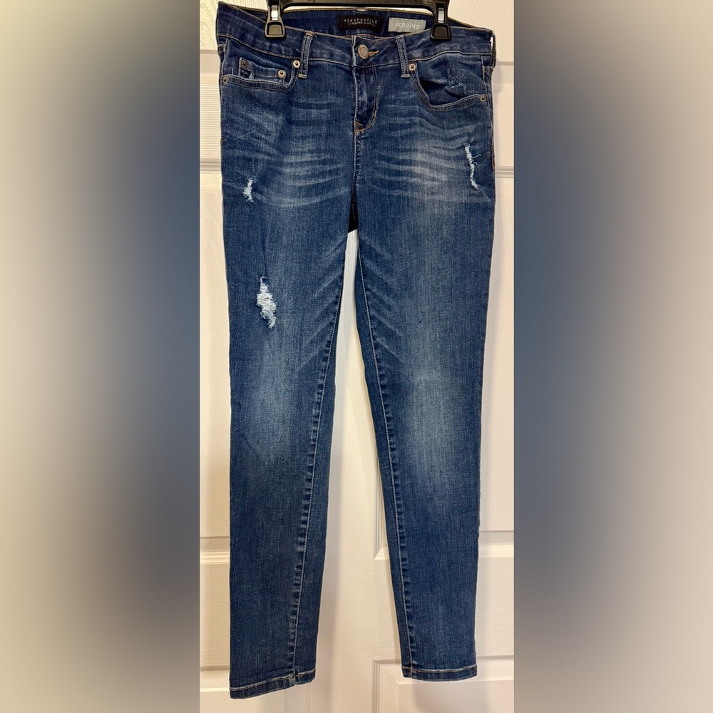 Aeropostale Size 6 Reg Skinny Jeggings Dark Wash Distressed Stretch - Picture 2 of 15